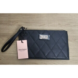 NWT Juicy Couture Black Faux Leather Quilted Clutch Gold Hardware Printed Inside